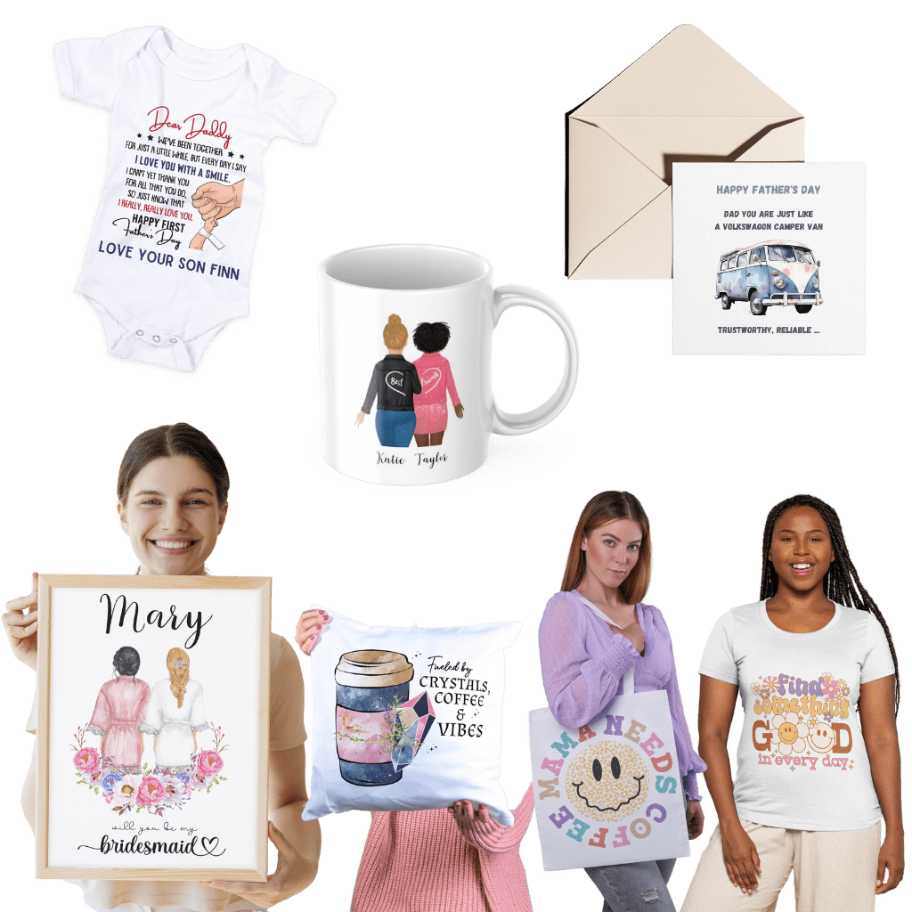 A mixture of different personalised gifts such as baby vest, cup, card, print, cushion, tote bag, and t-shirt.