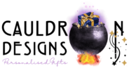 Cauldron Designs logo, a black cauldron with fire under it and a blue gift box rising from the cauldron with purple smoke and golden sparkle