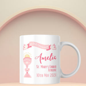 personalised first communion mugs pink